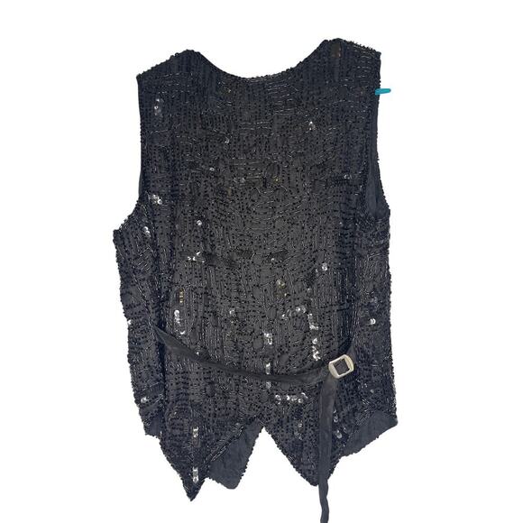 Vintage Sweet Sue 100% Silk Black Sequin Beaded Vest Top Women's Size Medium - Picture 2 of 5